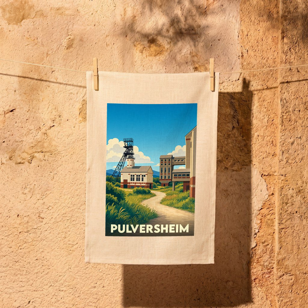 Torchon souvenir de la ville de Pulversheim avec une illustration stylisée d'un ancien site minier.