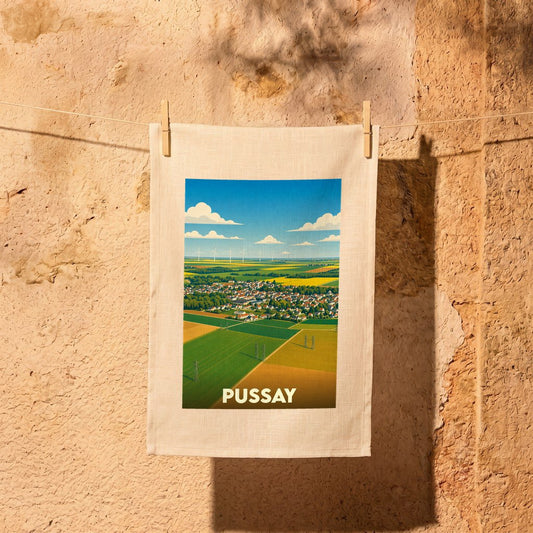 Torchon souvenir de la ville de Pussay avec une illustration paysagère stylisée.