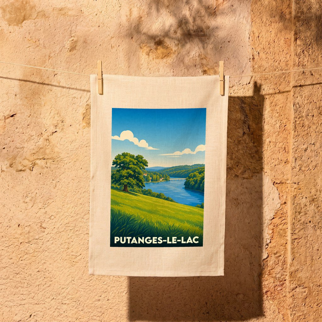 Torchon souvenir de la ville de Putanges-le-Lac avec une illustration stylisée de paysage.