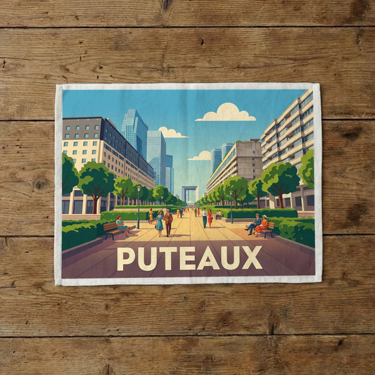 Torchon souvenir de la ville de Puteaux avec une illustration stylisée.