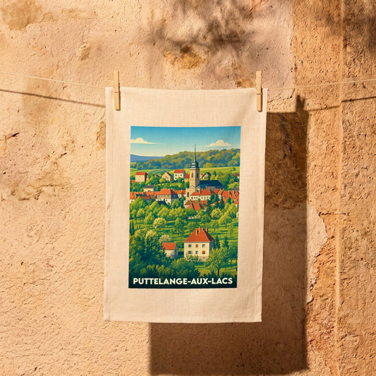 Torchon souvenir de la ville de Puttelange-aux-Lacs avec une illustration stylisée de son paysage urbain et arboré.
