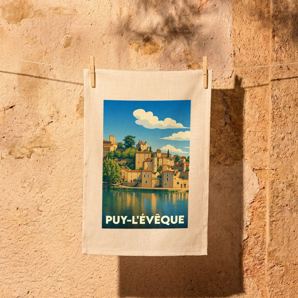 Torchon souvenir de la ville de Puy-l'Évêque avec une illustration stylisée.