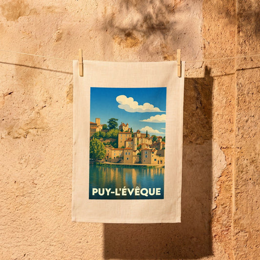 Torchon souvenir de la ville de Puy-l'Évêque avec une illustration stylisée.
