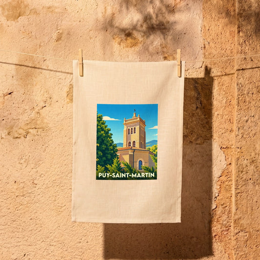 Torchon souvenir de la ville de Puy-Saint-Martin avec une illustration stylisée d'un clocher.