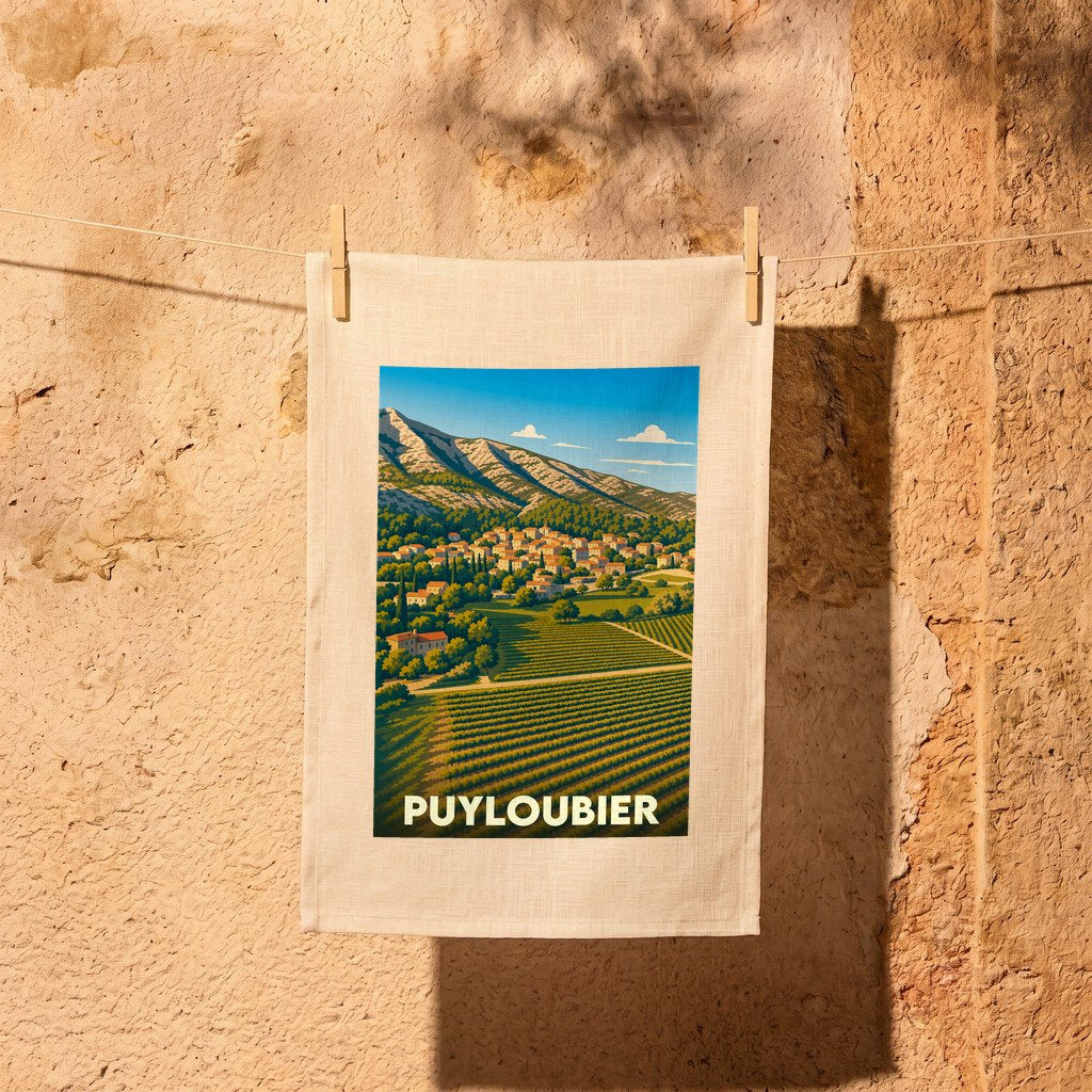 Torchon souvenir de la ville de Puyloubier avec une illustration stylisée de son paysage provençal.