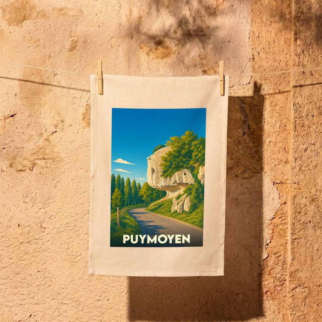 Torchon souvenir de la ville de Puymoyen avec une illustration stylisée d'un paysage rocheux.