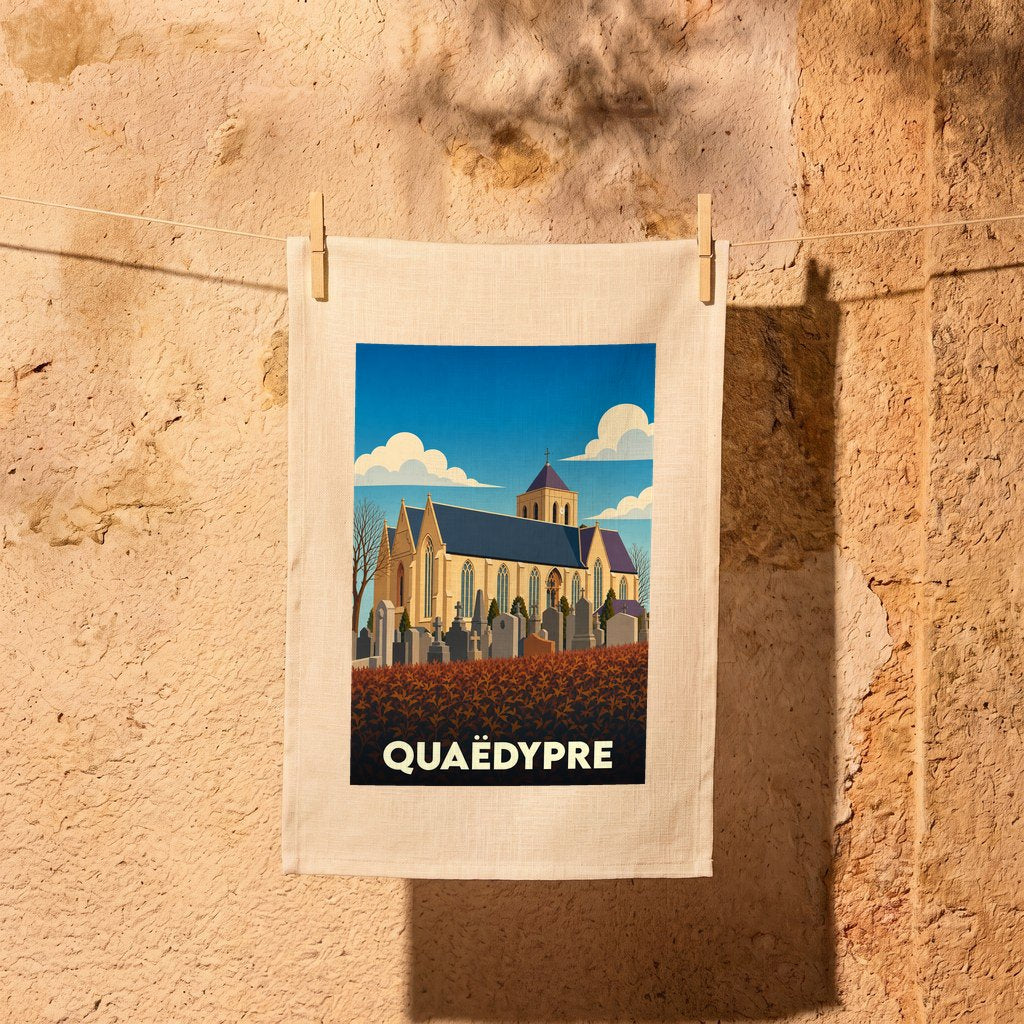 Torchon souvenir de la ville de Quaëdypre avec une illustration stylisée d'une église et son cimetière.
