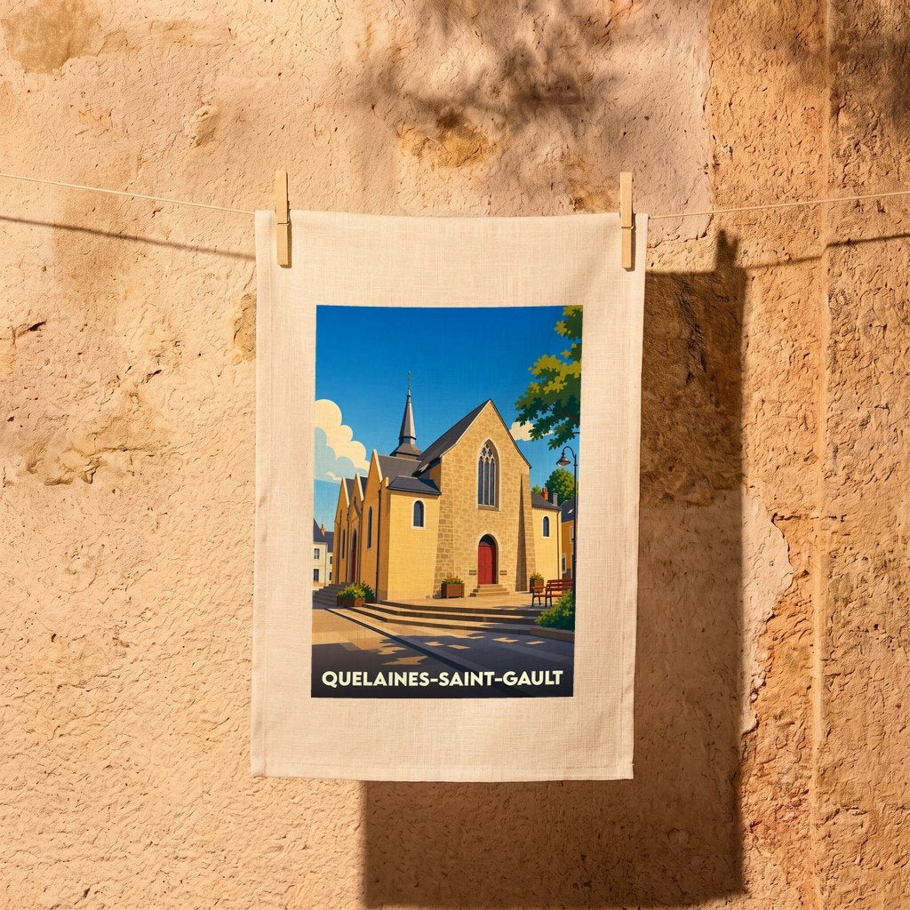 Torchon souvenir de la ville de Quelaines-Saint-Gault avec une illustration stylisée de son église.
