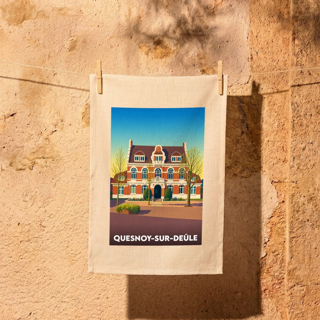 Torchon souvenir de la ville de Quesnoy-sur-Deûle avec une illustration stylisée de son hôtel de ville.