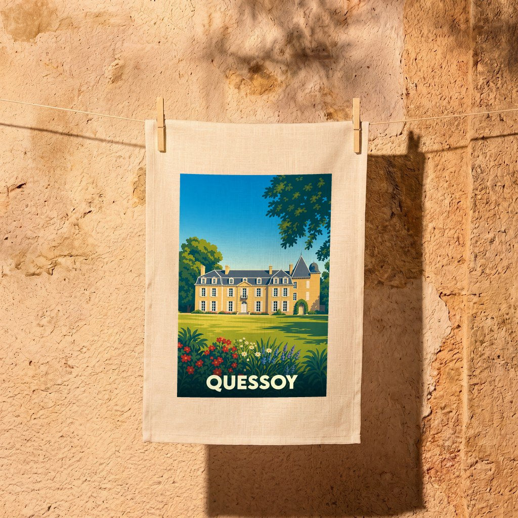 Torchon souvenir de la ville de Quessoy orné d'une illustration stylisée d'un château.