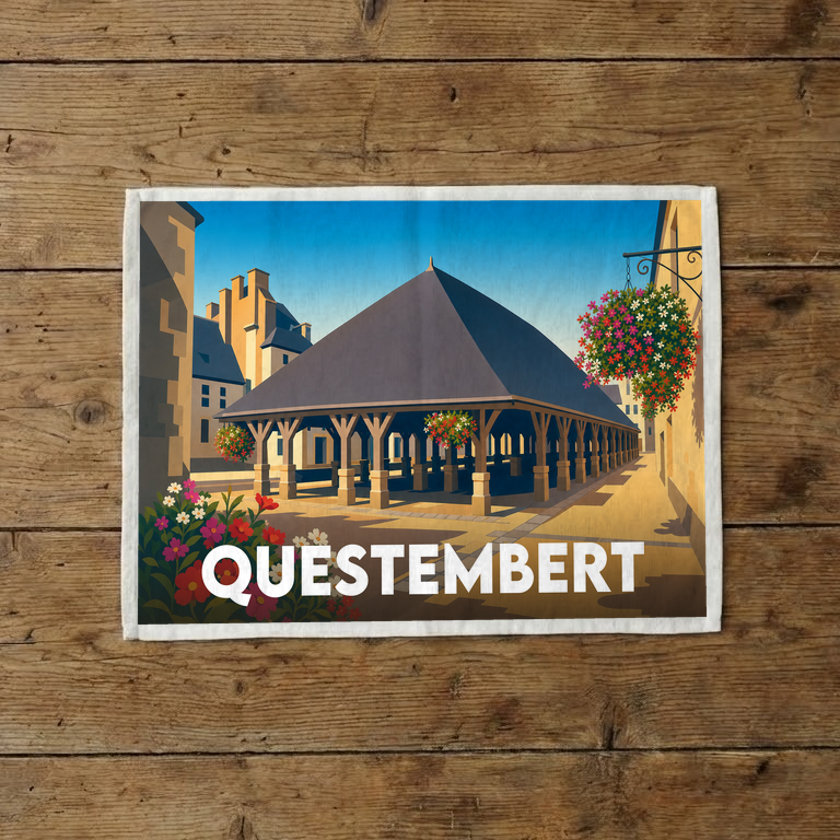 Torchon souvenir de la ville de Questembert illustrant ses halles historiques dans un style graphique épuré.