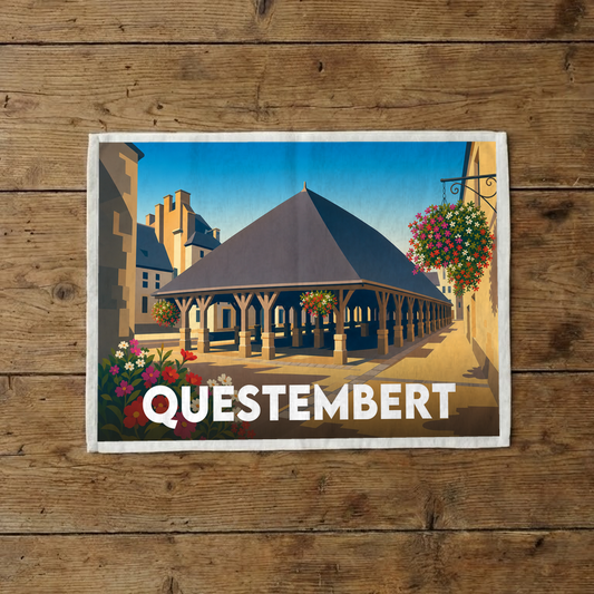 Torchon souvenir de la ville de Questembert illustrant ses halles historiques dans un style graphique épuré.
