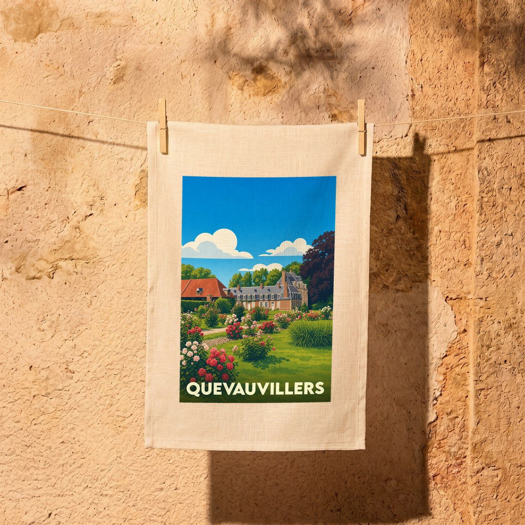 Torchon souvenir de la ville de Quevauvillers avec une illustration stylisée d'un château fleuri.
