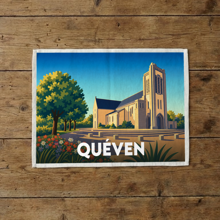 Torchon souvenir de la ville de Quéven avec une illustration stylisée de son église.
