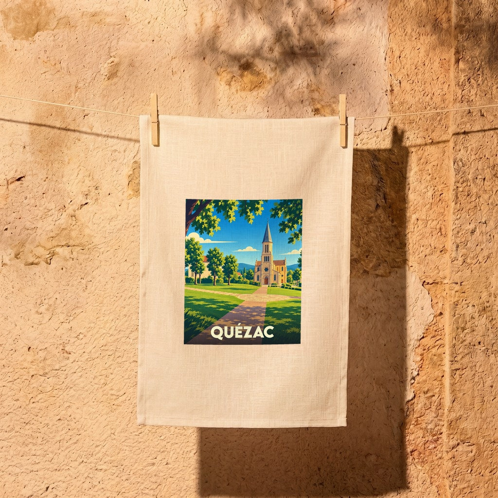 Torchon souvenir de la ville de Quézac orné d'une illustration stylisée de son église.