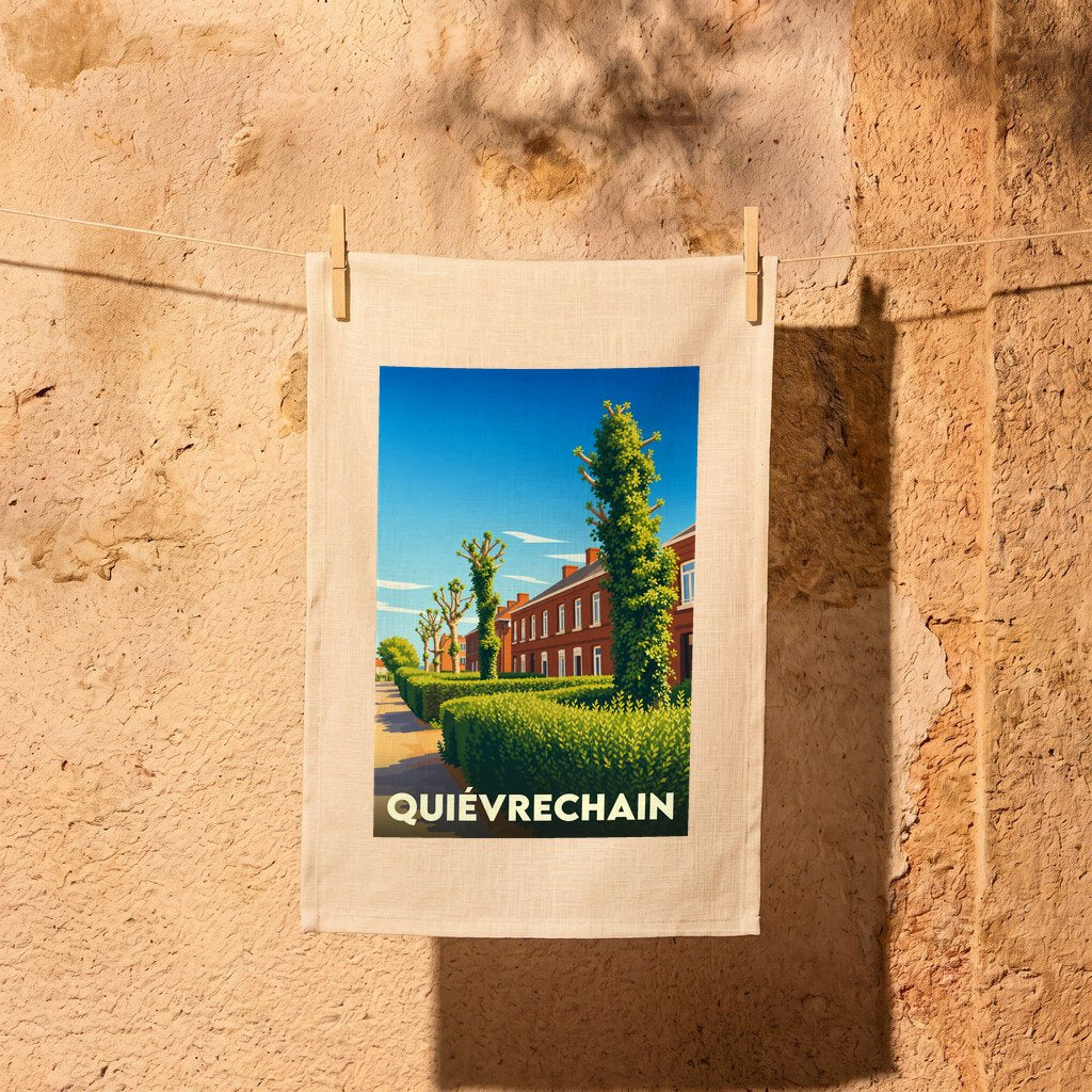 Torchon souvenir de la ville de Quiévrechain avec une illustration stylisée.