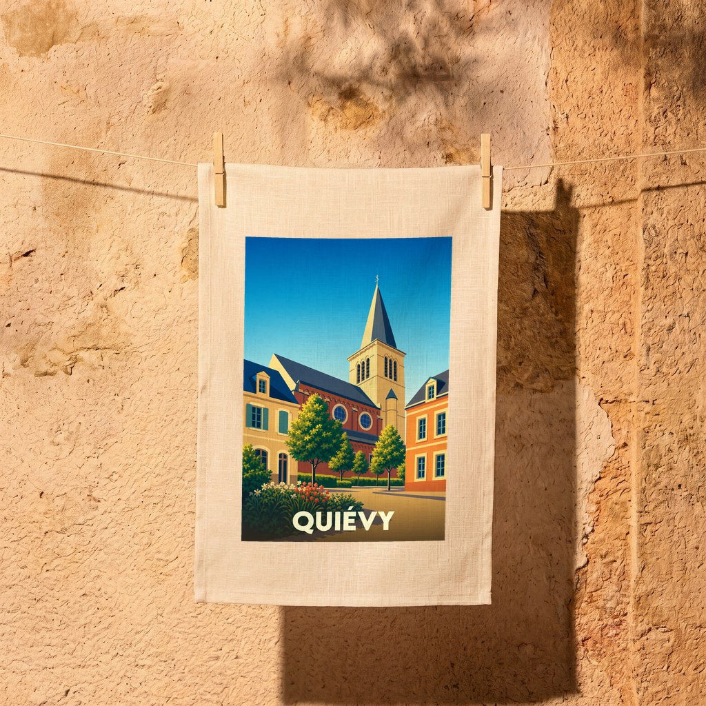 Torchon souvenir de la ville de Quiévy avec une illustration stylisée de son église et de ses maisons.