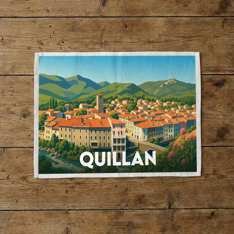 Torchon souvenir de la ville de Quillan avec une illustration stylisée.