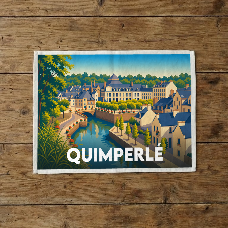 Torchon souvenir de la ville de Quimperlé avec une illustration stylisée.