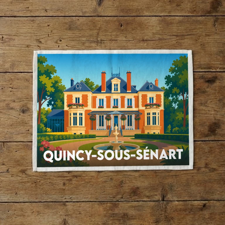 Torchon souvenir de la ville de Quincy-sous-Sénart avec une illustration stylisée d'un château et son jardin.