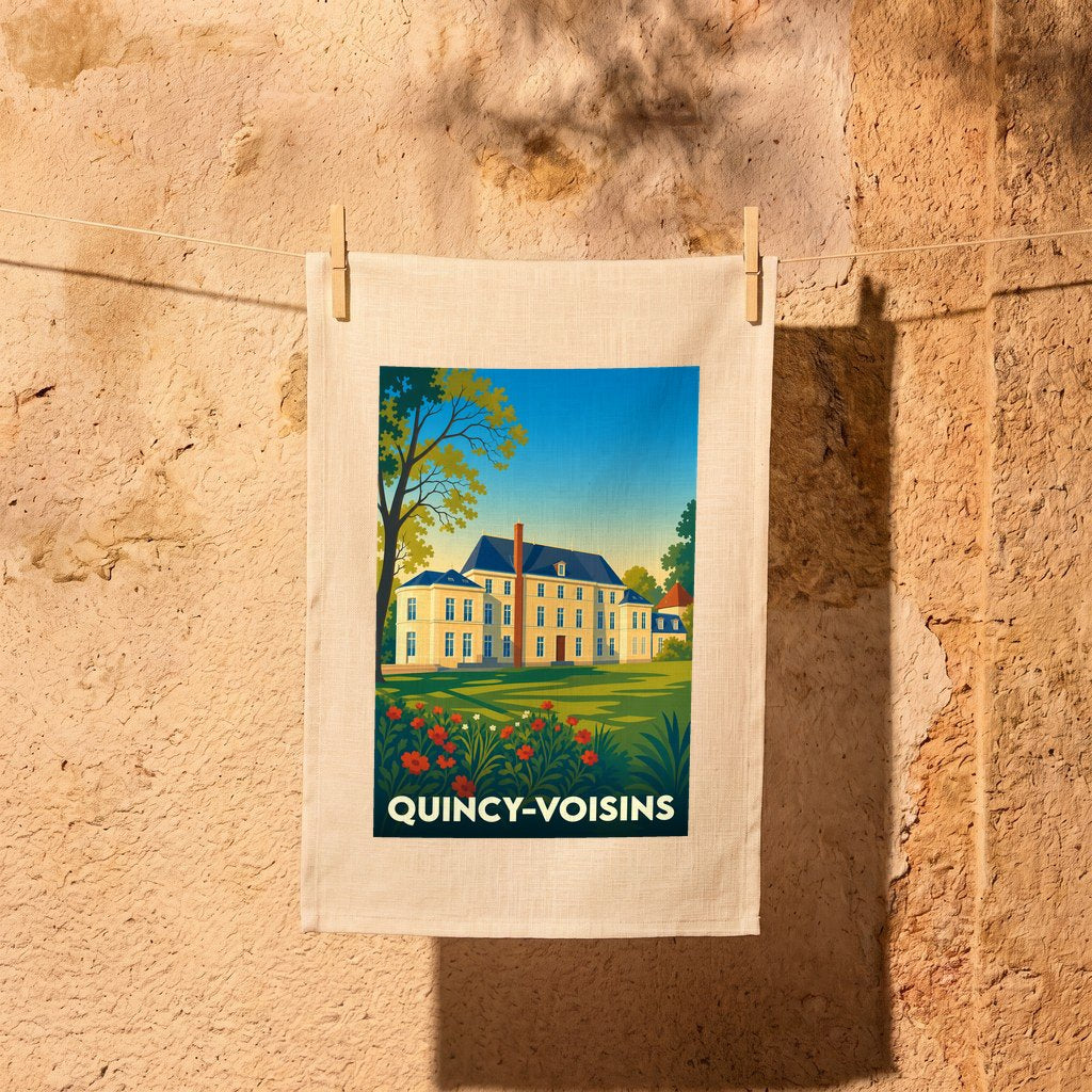 Torchon souvenir de la ville de Quincy-Voisins orné d'une illustration stylisée de son château.