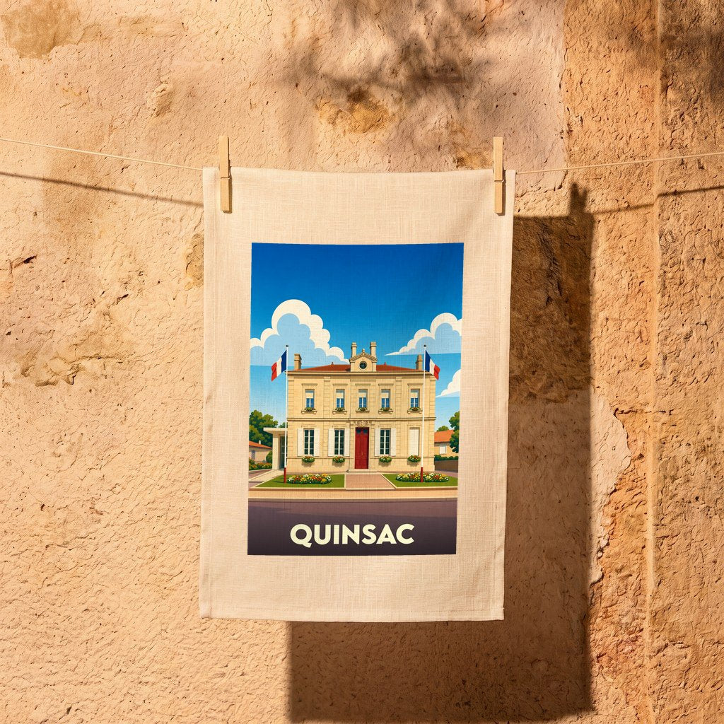 Torchon souvenir de la ville de Quinsac orné d'une illustration stylisée de sa mairie.