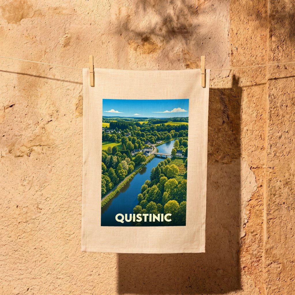 Torchon souvenir de la ville de Quistinic avec une illustration stylisée d'un paysage verdoyant et sa rivière.