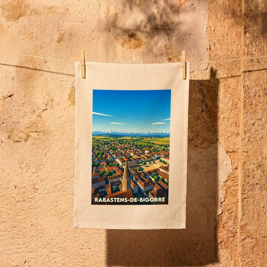 Torchon souvenir de la ville de Rabastens-de-Bigorre avec une illustration stylisée d'une vue aérienne.