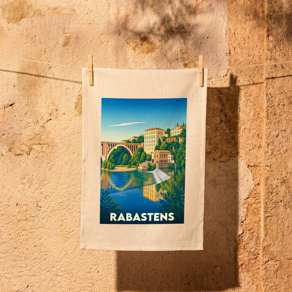 Torchon souvenir de la ville de Rabastens avec une illustration stylisée.