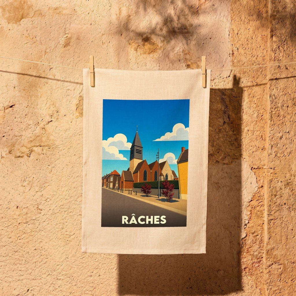 Torchon souvenir de la ville de Râches avec une illustration stylisée.