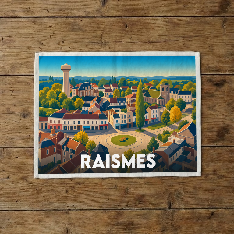 Torchon souvenir de la ville de Raismes illustré par un paysage urbain coloré et stylisé.