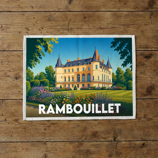 Torchon souvenir de la ville de Rambouillet avec une illustration stylisée de son château.