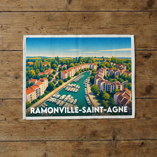 Torchon souvenir de la ville de Ramonville-Saint-Agne avec une illustration stylisée de son port de plaisance.