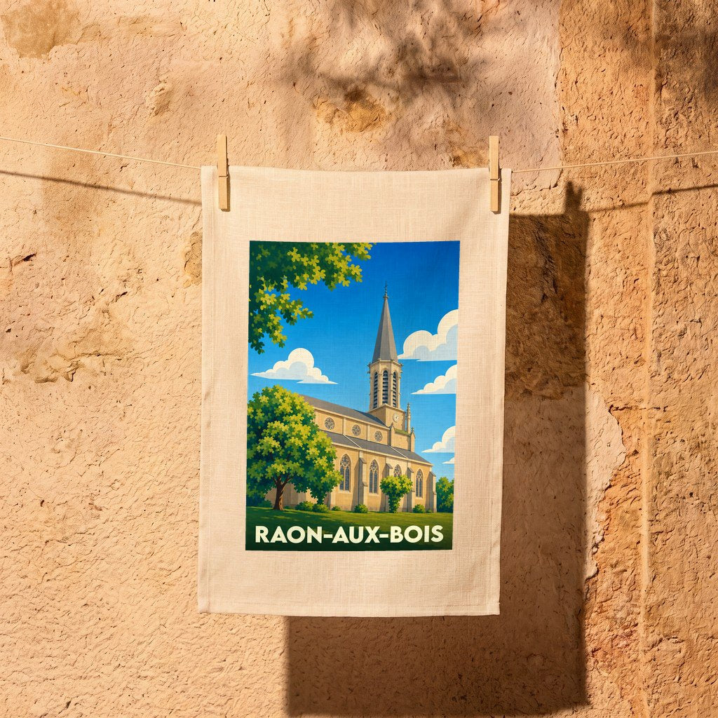 Torchon souvenir de la ville de Raon-aux-Bois avec une illustration stylisée de son église.