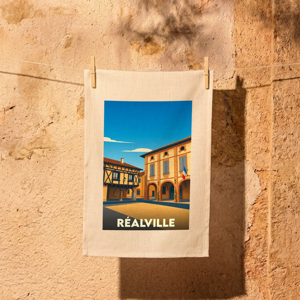 Torchon souvenir de la ville de Réalville orné d'une illustration stylisée de sa place centrale.