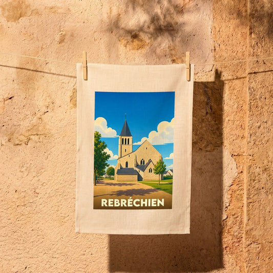 Torchon souvenir de la ville de Rebréchien avec une illustration stylisée de son église sous un ciel bleu.