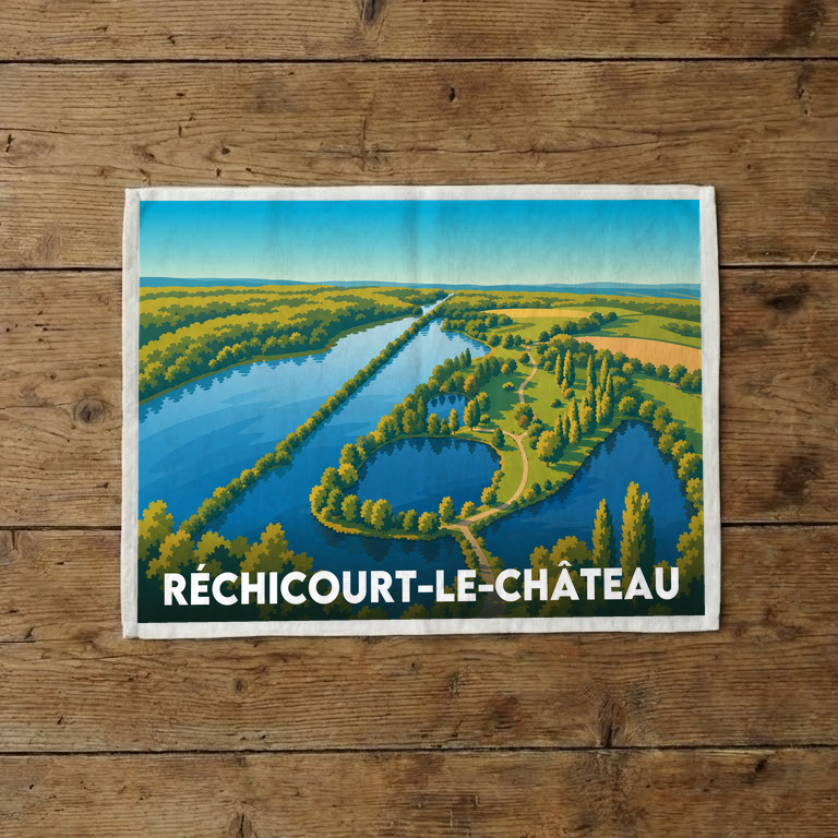 Torchon souvenir de la ville de Réchicourt-le-Château avec une illustration stylisée de son paysage.