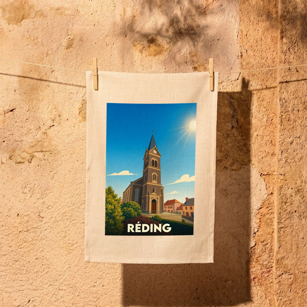 Torchon souvenir de la ville de Réding illustrant son église sous un ciel ensoleillé.