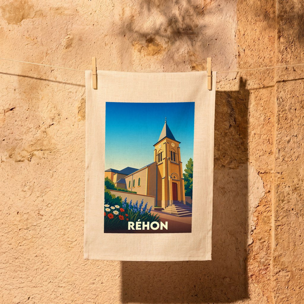 Torchon souvenir de la ville de Réhon illustré d'une vue stylisée de son église sous un ciel bleu.