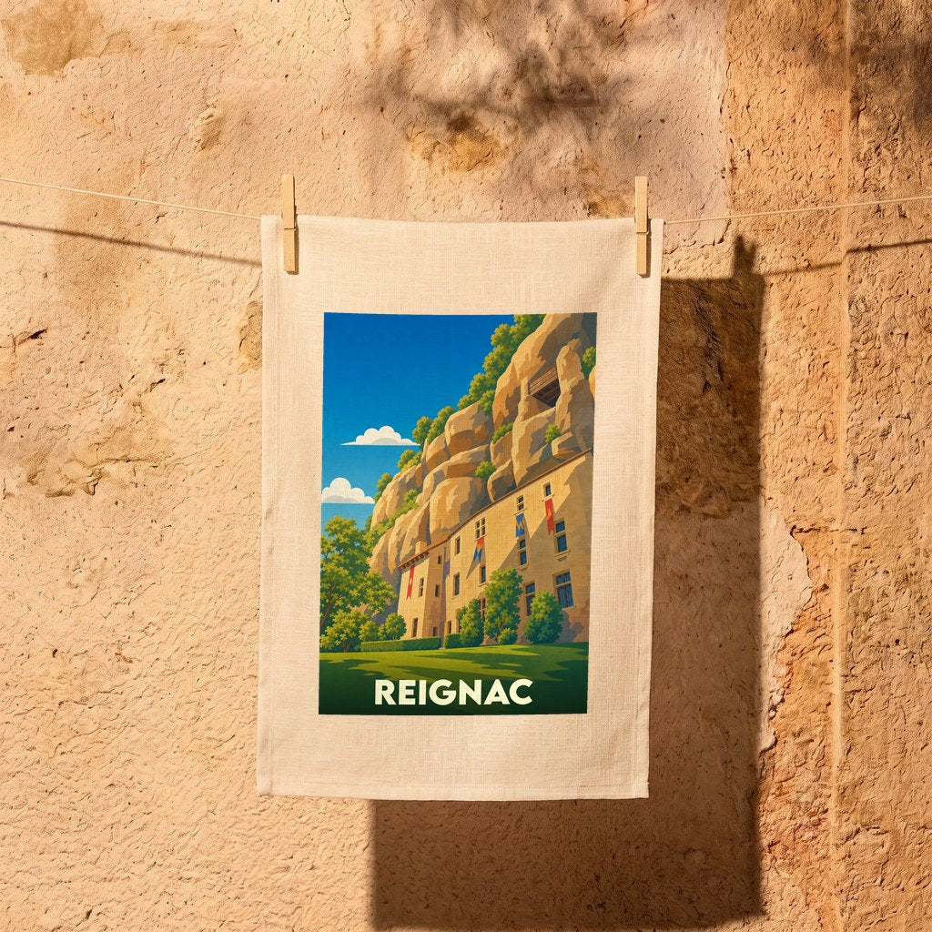 Torchon souvenir de la ville de Reignac avec une illustration stylisée de sa célèbre Maison Forte.