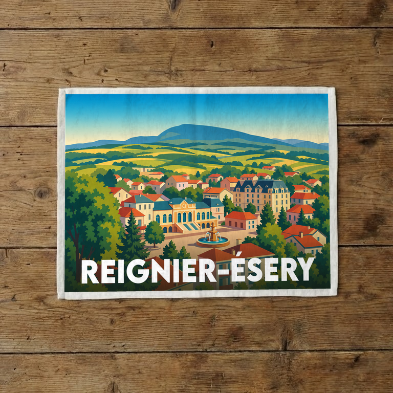 Torchon souvenir de la ville de Reignier-Ésery illustré d'un paysage panoramique coloré et vallonné.