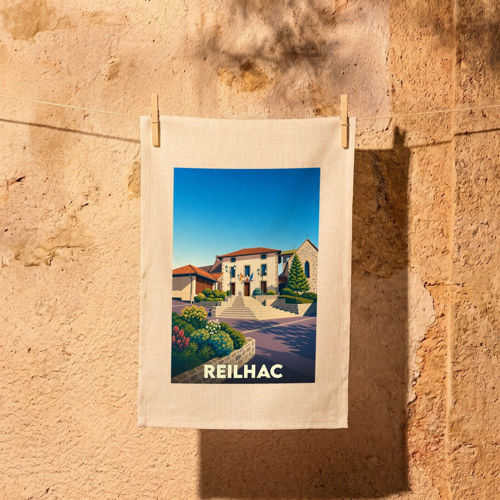 Torchon souvenir de la ville de Reilhac avec une illustration colorée et stylisée de sa place centrale.