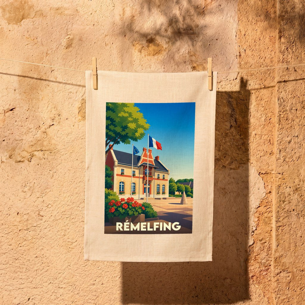 Torchon souvenir de la ville de Rémelfing illustrant sa mairie avec une esthétique d'affiche rétro.