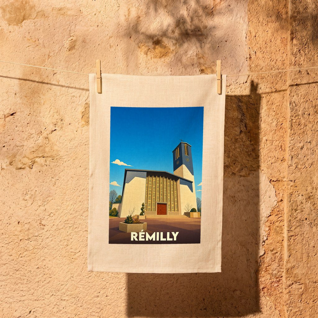 Torchon souvenir de la ville de Rémilly avec une illustration stylisée de son église moderne.