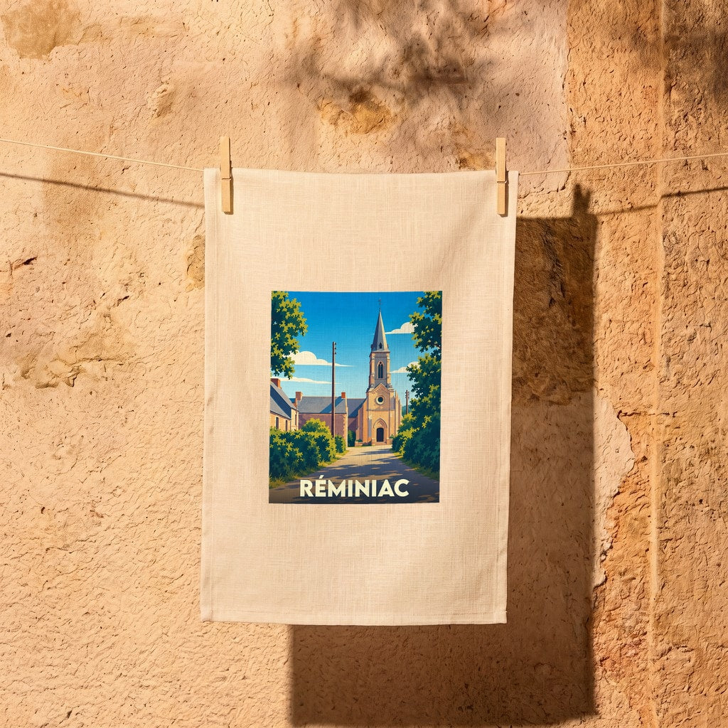 Torchon souvenir de la ville de Réminiac avec une illustration stylisée.