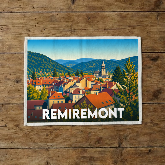 Torchon souvenir de la ville de Remiremont avec une illustration stylisée de ses toits et montagnes.