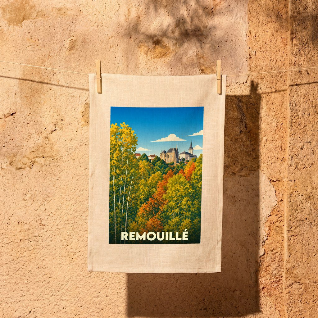 Torchon souvenir de la ville de Remouillé avec une illustration stylisée d'un paysage automnal.