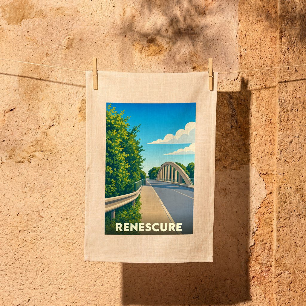 Torchon souvenir de la ville de Renescure avec une illustration stylisée d'un pont routier sous un ciel bleu.