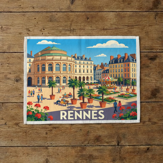 Torchon souvenir de la ville de Rennes avec une illustration stylisée de la place de la Mairie.