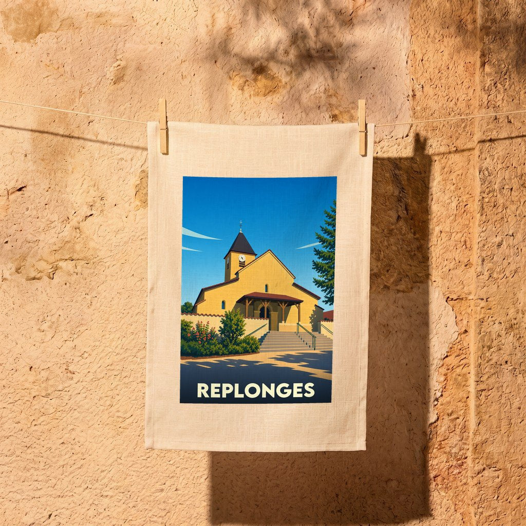 Torchon souvenir de la ville de Replonges avec une illustration stylisée de son église.